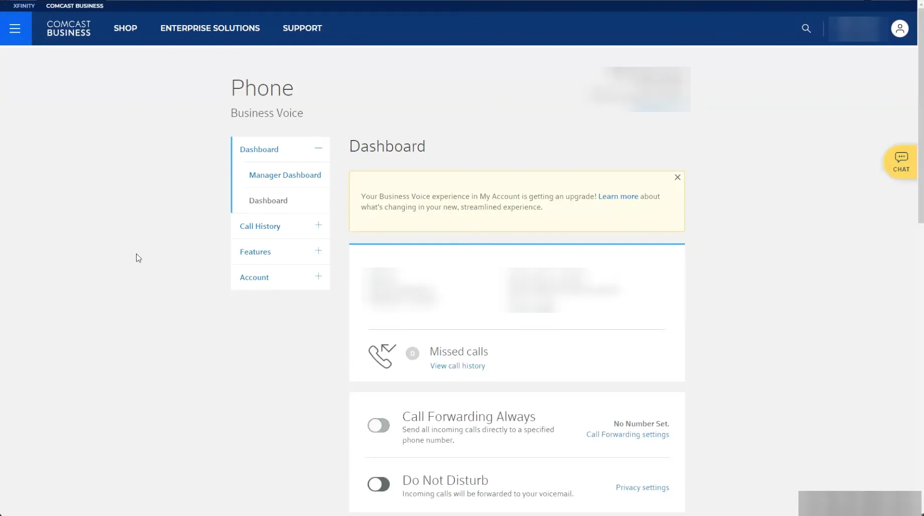 The Comcast Business Phone dashboard for Business Voice, showing missed calls with a link to call history, a Call Forwarding Always toggle, and a Do Not Disturb toggle.