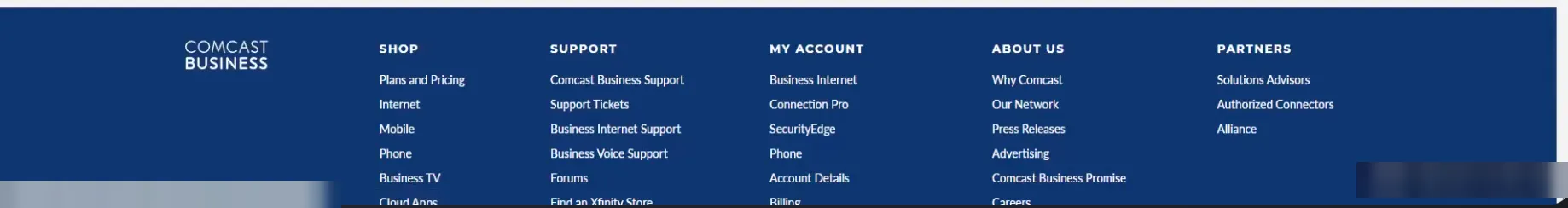 The Comcast Business site footer with columns for Shop, Support, My Account, About Us, and Partners. The My Account column lists Business Internet, Connection Pro, SecurityEdge, Phone, Account Details, and Billing.
