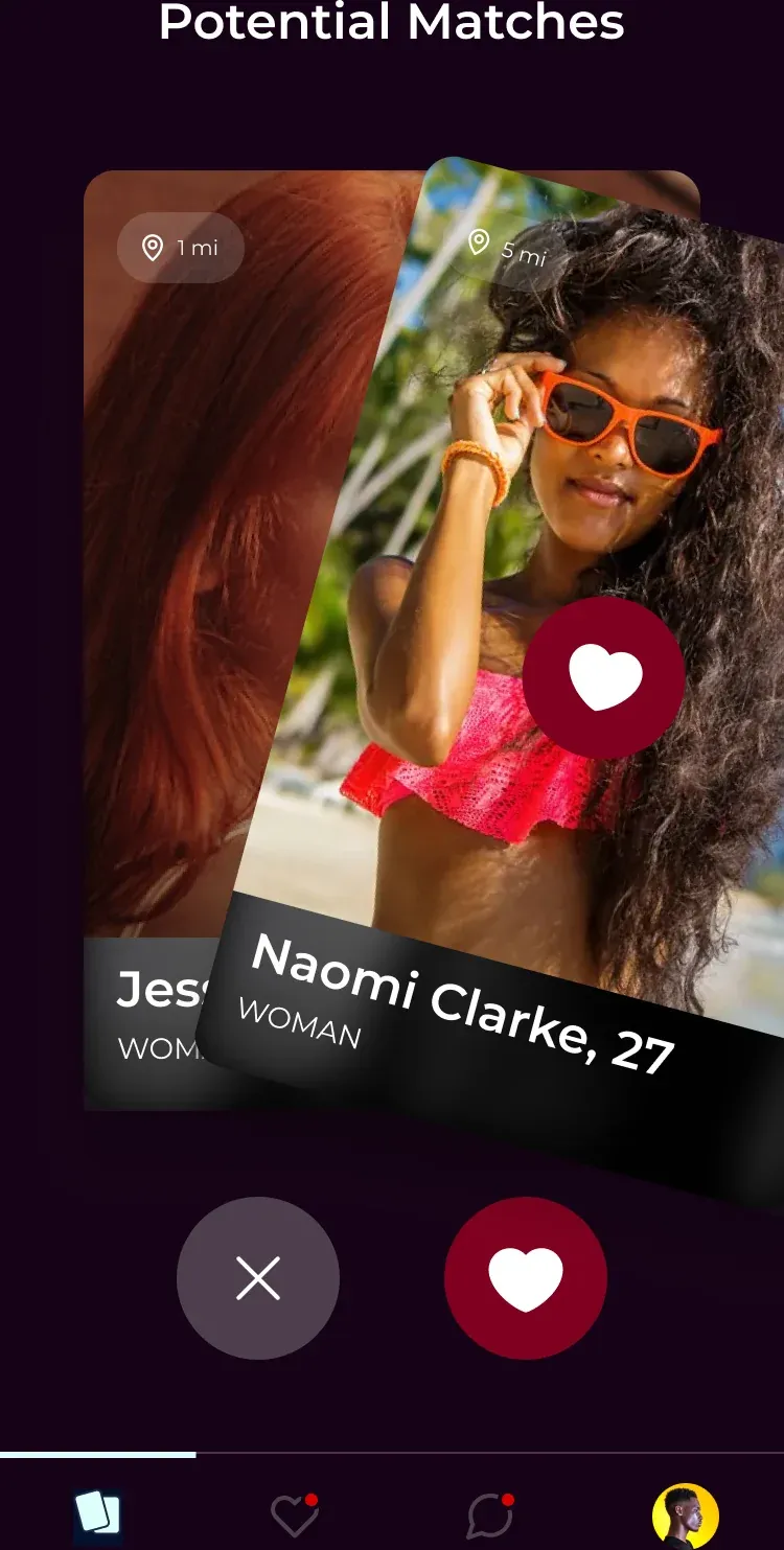 The NADA Potential Matches screen with stacked profile cards showing each person's distance, and pass and like buttons.