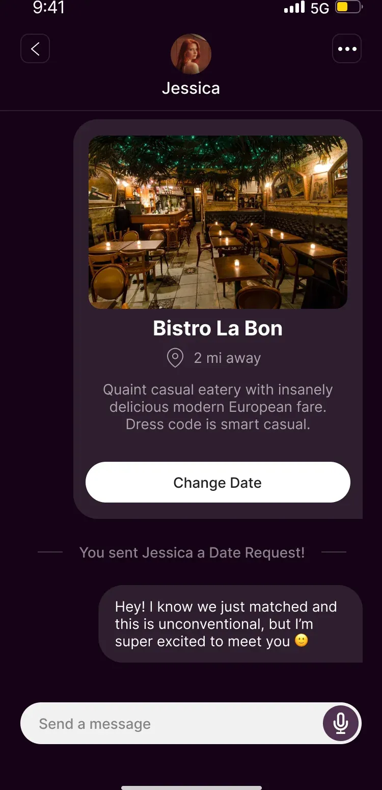 A chat with Jessica showing a sent date request card for Bistro La Bon, two miles away, with a Change Date button and a first message.