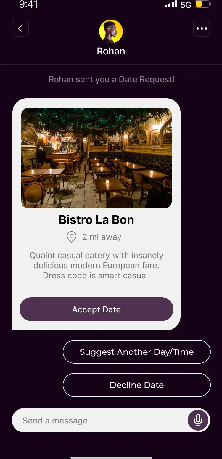 A date request from Rohan for Bistro La Bon with Accept Date, Suggest Another Day or Time, and Decline Date buttons.