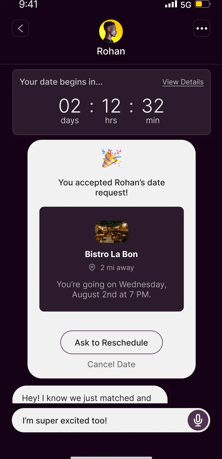 An accepted date with a countdown of 2 days, 12 hours, and 32 minutes, the Bistro La Bon details for Wednesday, August 2nd at 7 PM, and options to ask to reschedule or cancel.